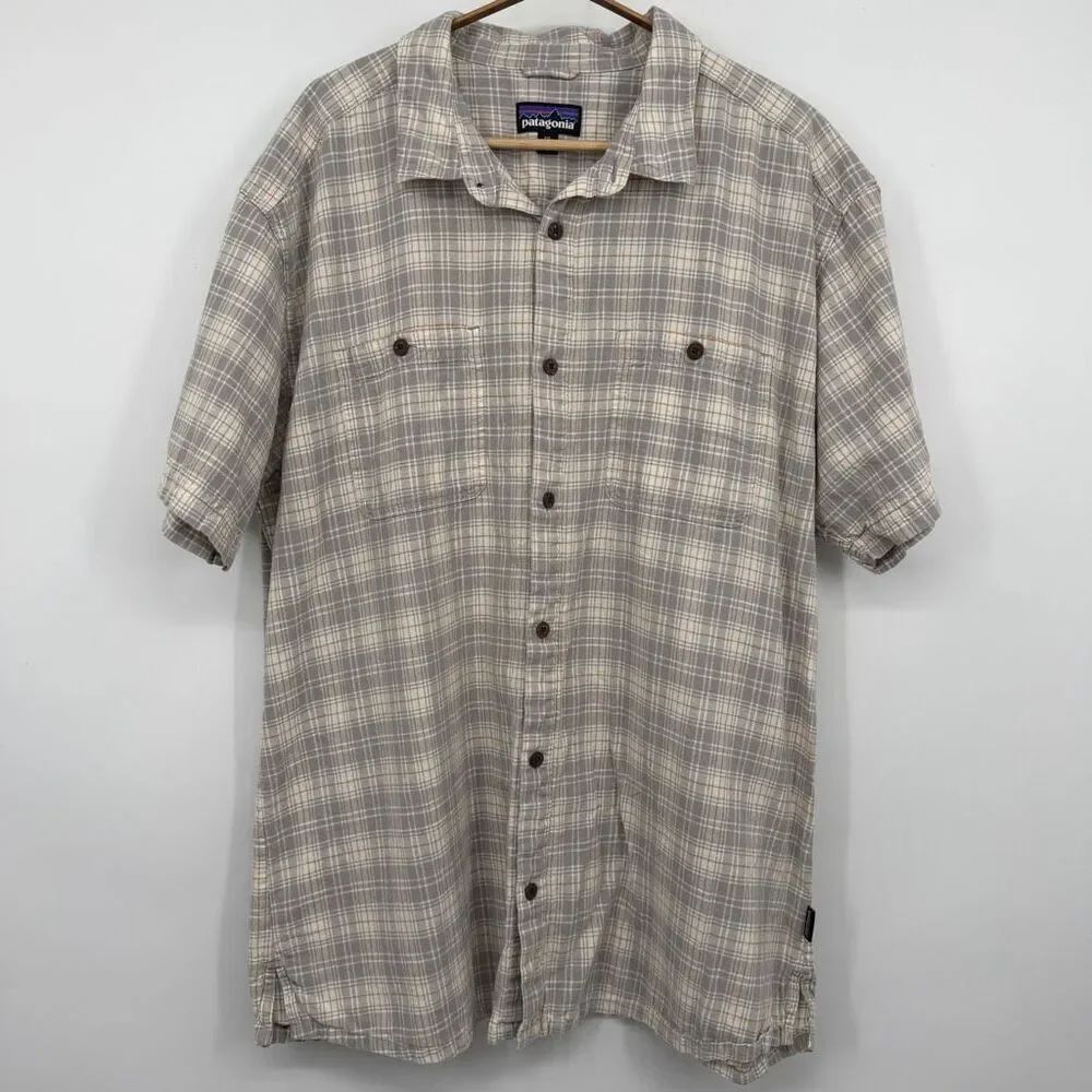 Patagonia Beige Gray Plaid Short Sleeve Button Down Back Step Shirt Size 2XL
